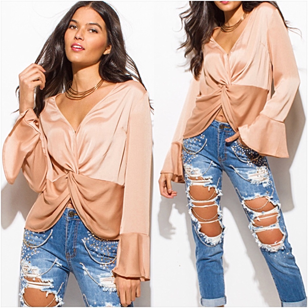 Stunning Bell Sleeve Twist Front Silky Blouse SM - Picture 2 of 8